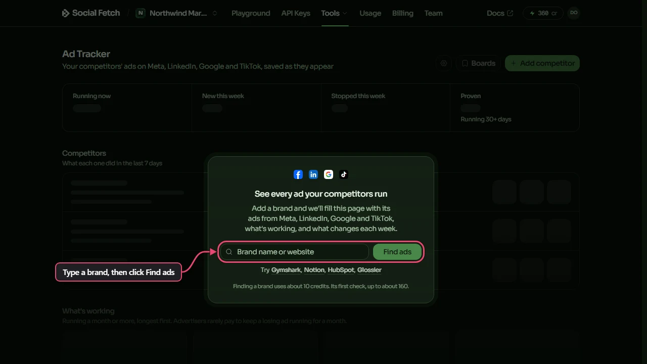 The Ad Tracker's welcome card, with the rest of the page dimmed and the brand box and Find ads button highlighted, labelled Type a brand, then click Find ads