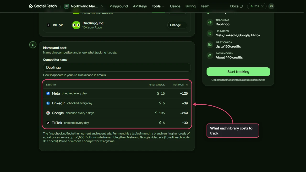 Name and cost: the competitor name Duolingo and the cost table with first check and per month figures for Meta, LinkedIn, Google and TikTok, the table labelled What each library costs to track