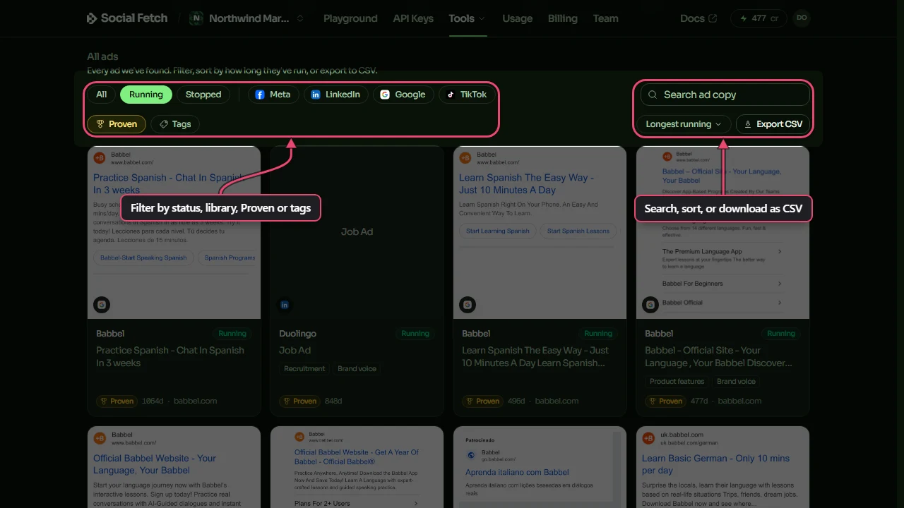 All ads filtered to Running and Proven, sorted Longest running: the filter buttons labelled Filter by status, library, Proven or tags, and the search box, sort menu and Export CSV labelled Search, sort, or download as CSV