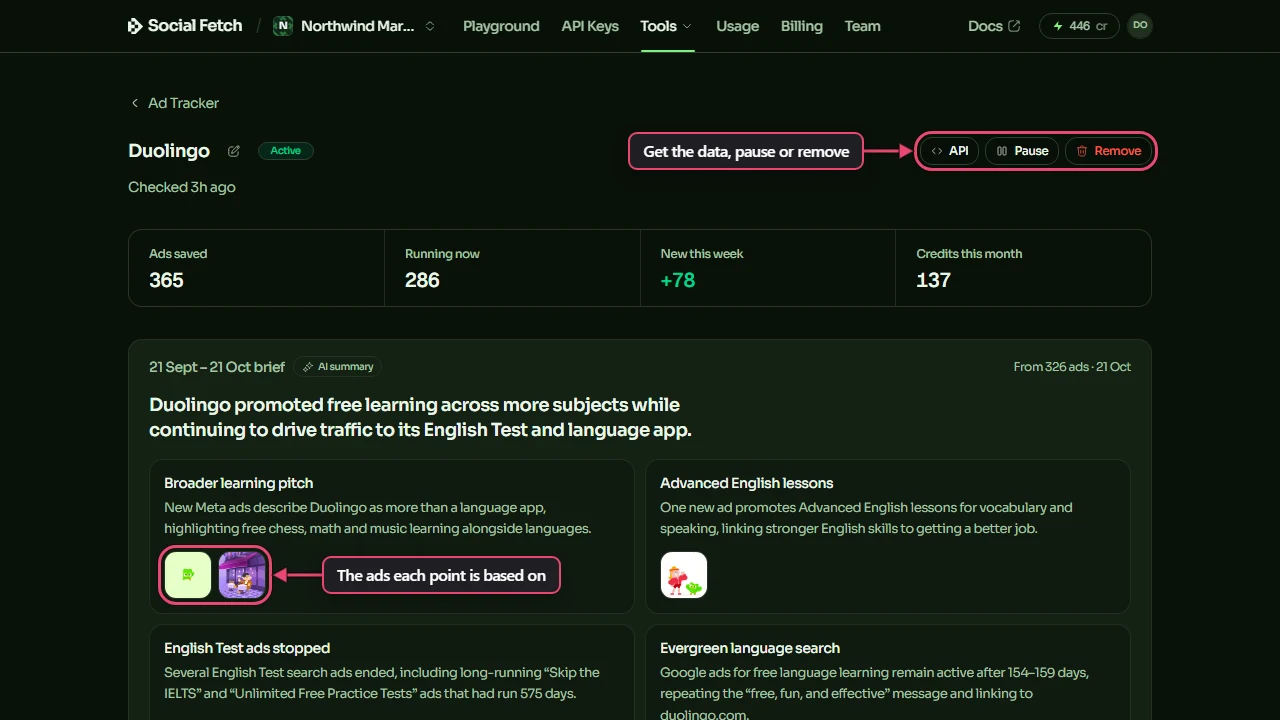 Duolingo's page: the pencil beside the name for renaming it; the API, Pause and Remove buttons labelled Get the data, pause or remove; the four numbers; and the monthly brief, with the two ads behind its first point labelled The ads each point is based on