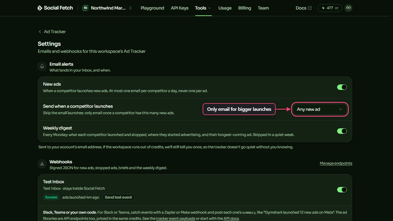 Ad Tracker settings: Email alerts with New ads switched on, Send when a competitor launches set to Any new ad and labelled Only email for bigger launches, and Weekly digest switched on