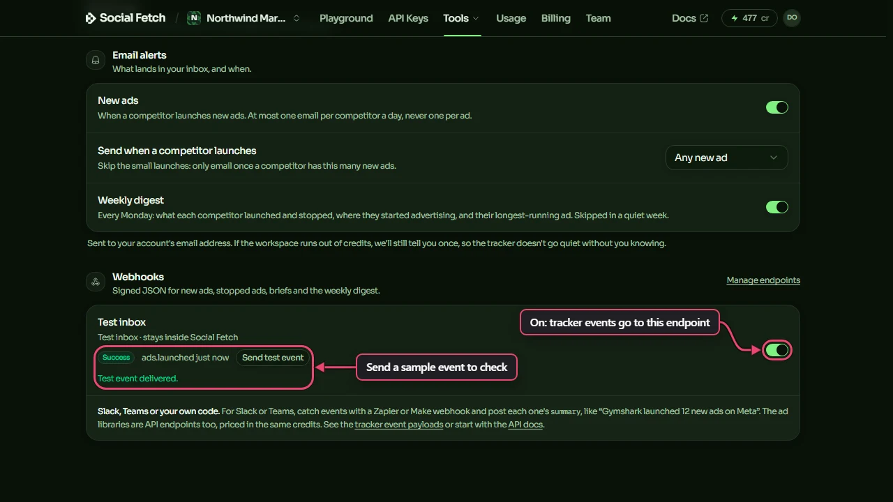 Webhooks in the Ad Tracker settings: a Test inbox endpoint with its switch on, labelled On: tracker events go to this endpoint, and Send test event with Test event delivered, labelled Send a sample event to check
