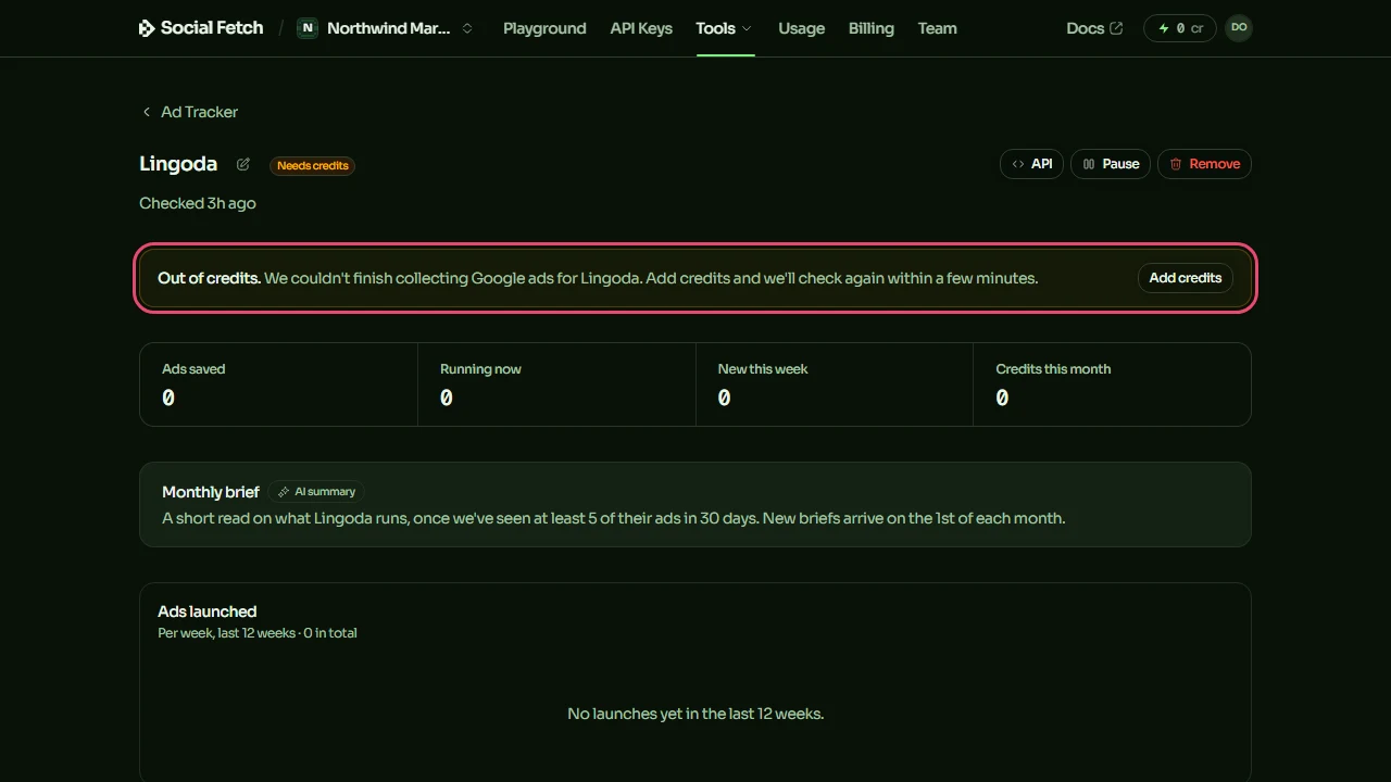Lingoda's page with the Needs credits status and the highlighted banner Out of credits. We couldn't finish collecting Google ads for Lingoda. Add credits and we'll check again within a few minutes, with an Add credits button