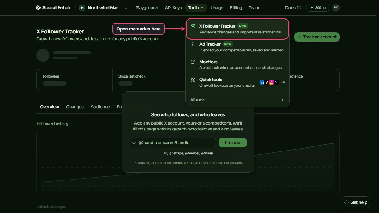 Social Fetch app with the Tools menu open and X Follower Tracker highlighted at the top of the list, labelled Open the tracker here