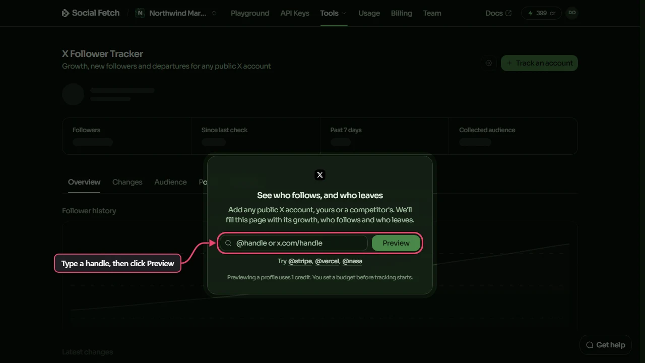 The tracker's welcome card, with the rest of the page dimmed and the handle box and Preview button highlighted