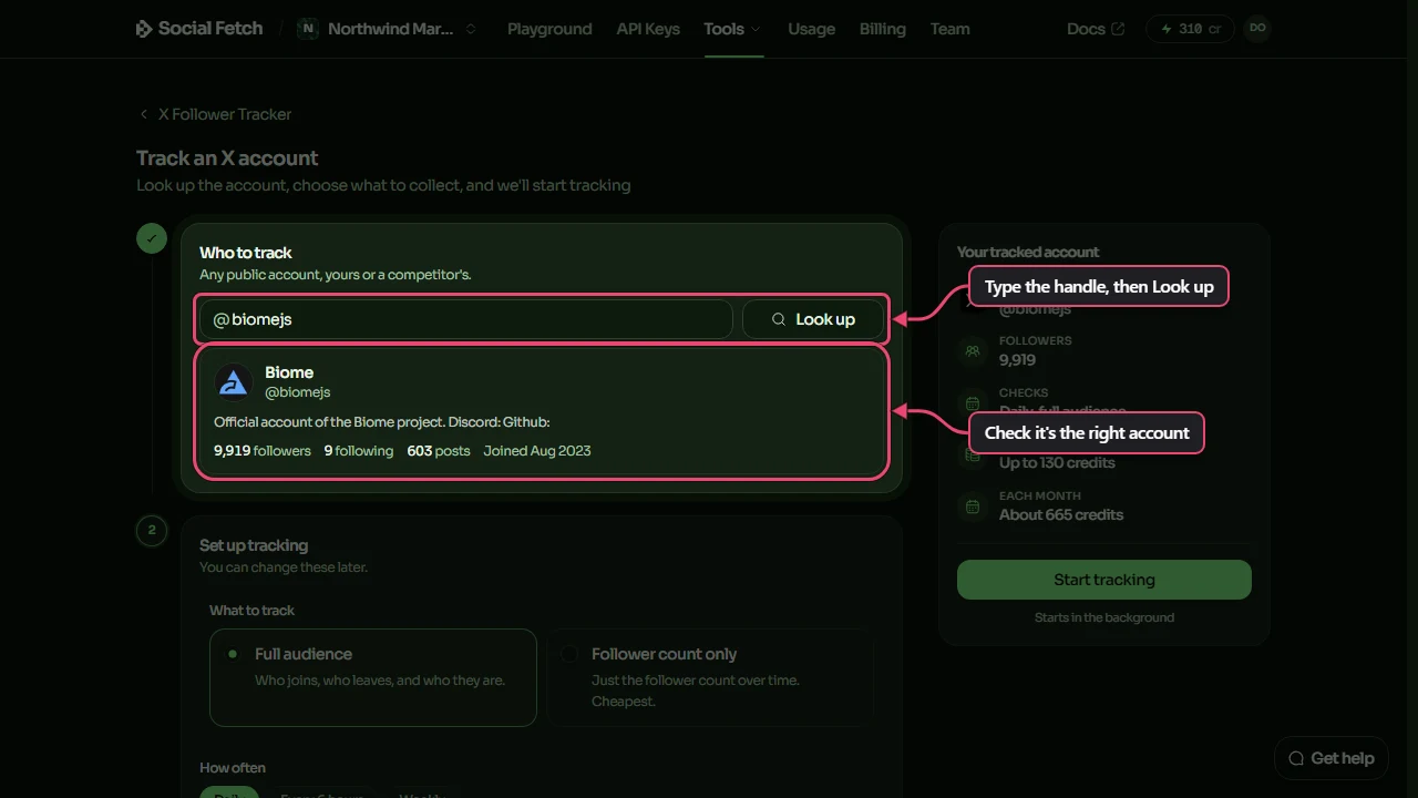 Track an X account, Who to track: the handle box and Look up button labelled Type the handle, then Look up, and the Biome profile card labelled Check it's the right account