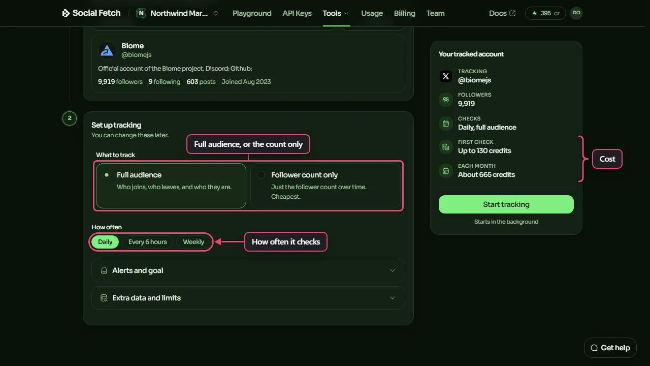 Set up tracking: the What to track choices labelled Full audience, or the count only, the How often buttons labelled How often it checks, and the First check and Each month rows of the summary panel bracketed as Cost