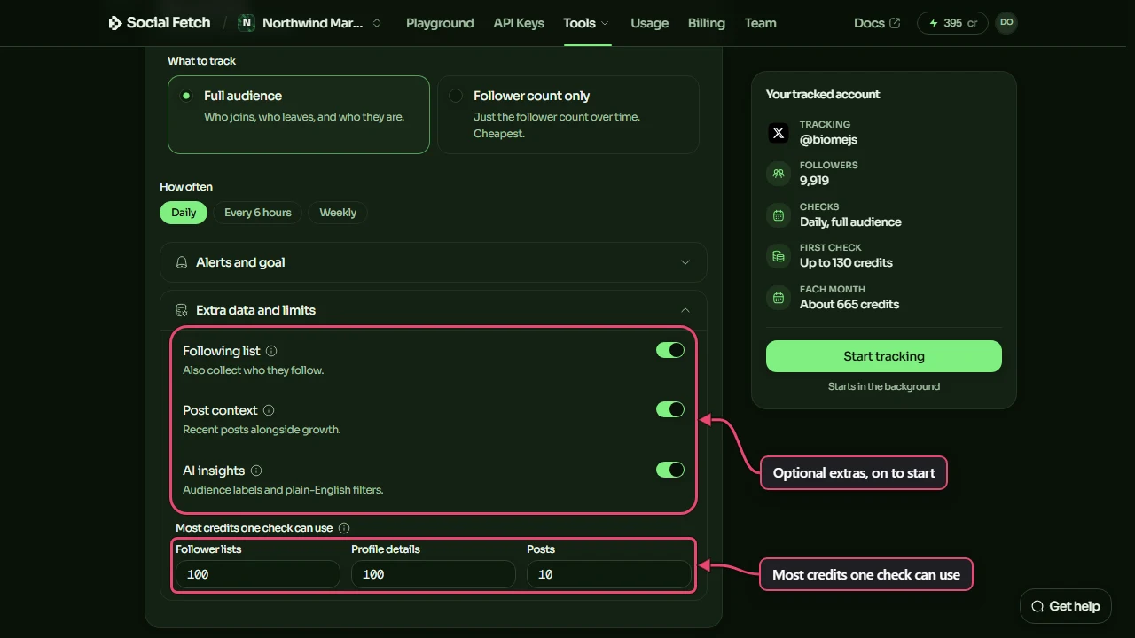 Extra data and limits opened: the Following list, Post context and AI insights switches labelled Optional extras, on to start, and the Follower lists, Profile details and Posts fields labelled Most credits one check can use