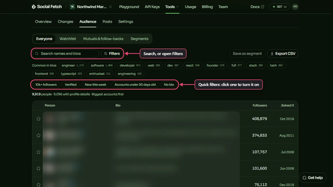 The Audience tab's Everyone view: the search box and Filters button labelled Search, or open Filters, and the row of quick filters labelled Quick filters: click one to turn it on, above a list of followers with their follower counts