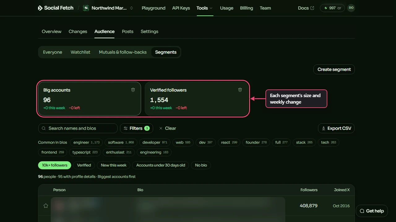The Segments view with two segment cards, Big accounts and Verified followers, labelled Each segment's size and weekly change