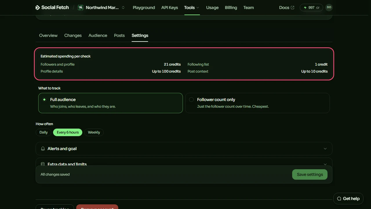 The Settings tab's Estimated spending per check box, listing credits for followers and profile, following list, profile details and post context