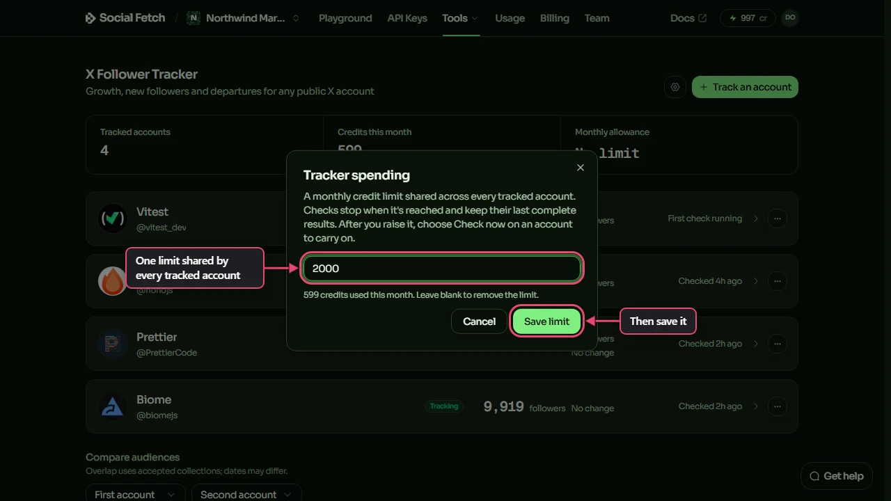 The Tracker spending window: 2000 entered as the monthly credit limit, labelled One limit shared by every tracked account, and the Save limit button labelled Then save it