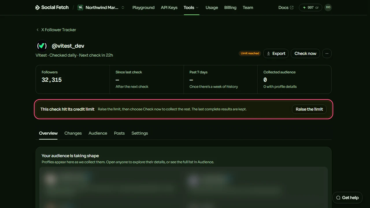 The @vitest_dev account page with the Limit reached badge and the banner This check hit its credit limit, Raise the limit, then choose Check now to collect the rest, highlighted with its Raise the limit button