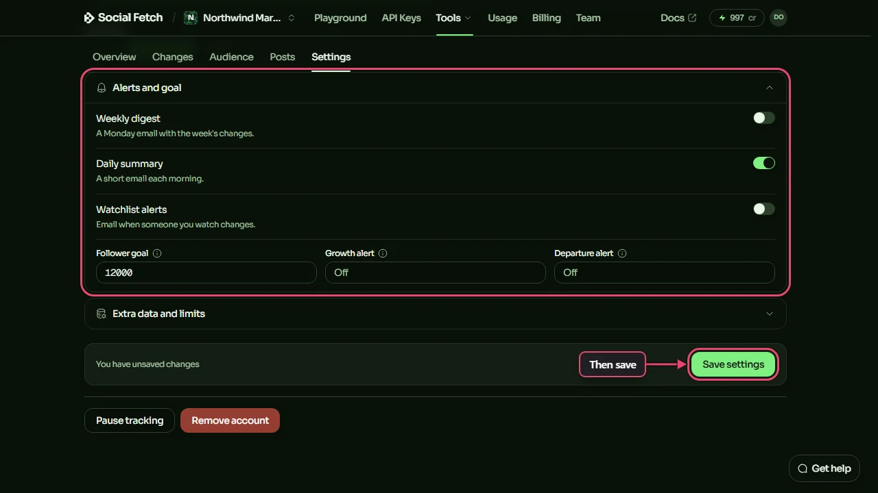 Settings with Alerts and goal opened and highlighted, showing the Weekly digest, Daily summary and Watchlist alerts switches and the Follower goal, Growth alert and Departure alert fields, and the Save settings button labelled Then save