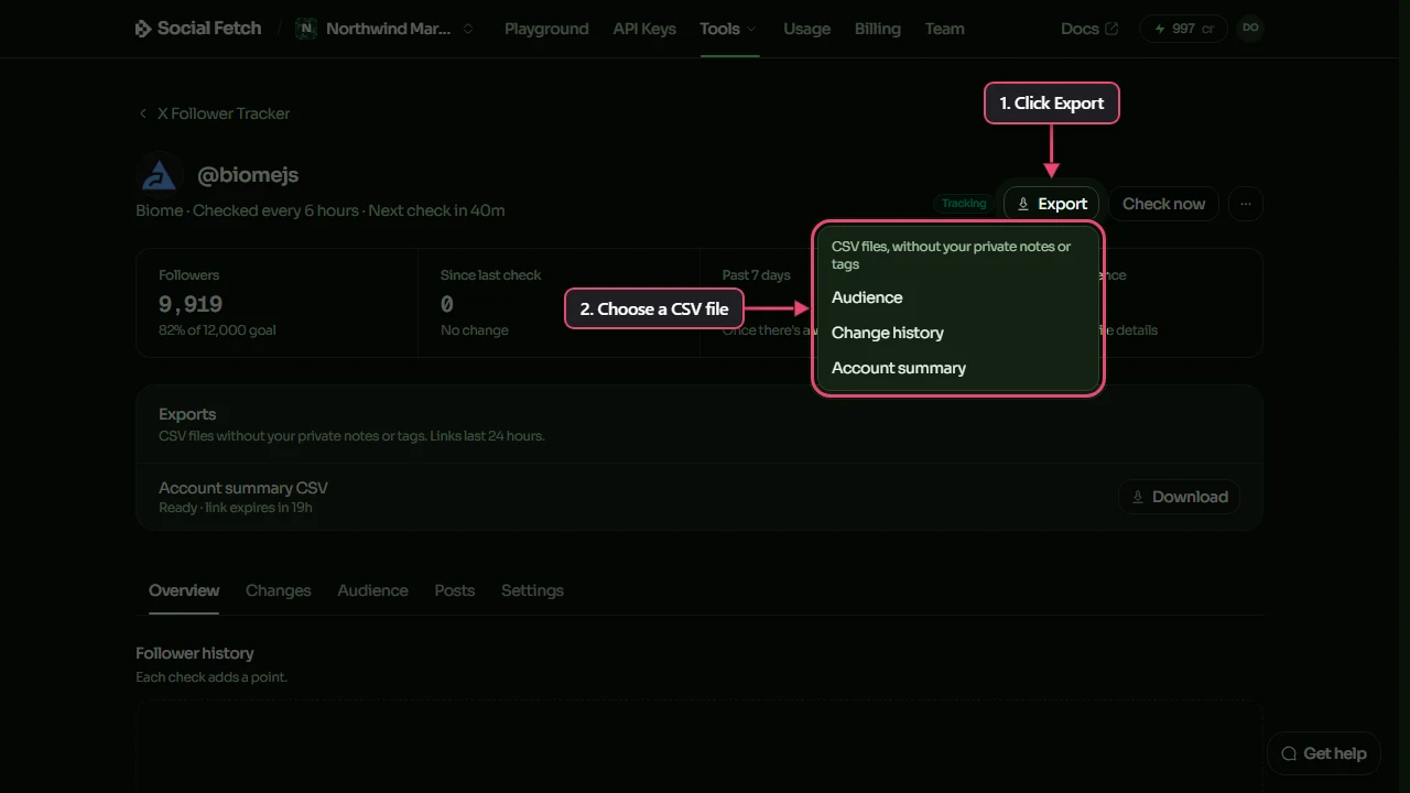 An account page with the rest dimmed: the Export button labelled 1. Click Export, and the menu it opens, listing Audience, Change history and Account summary, labelled 2. Choose a CSV file
