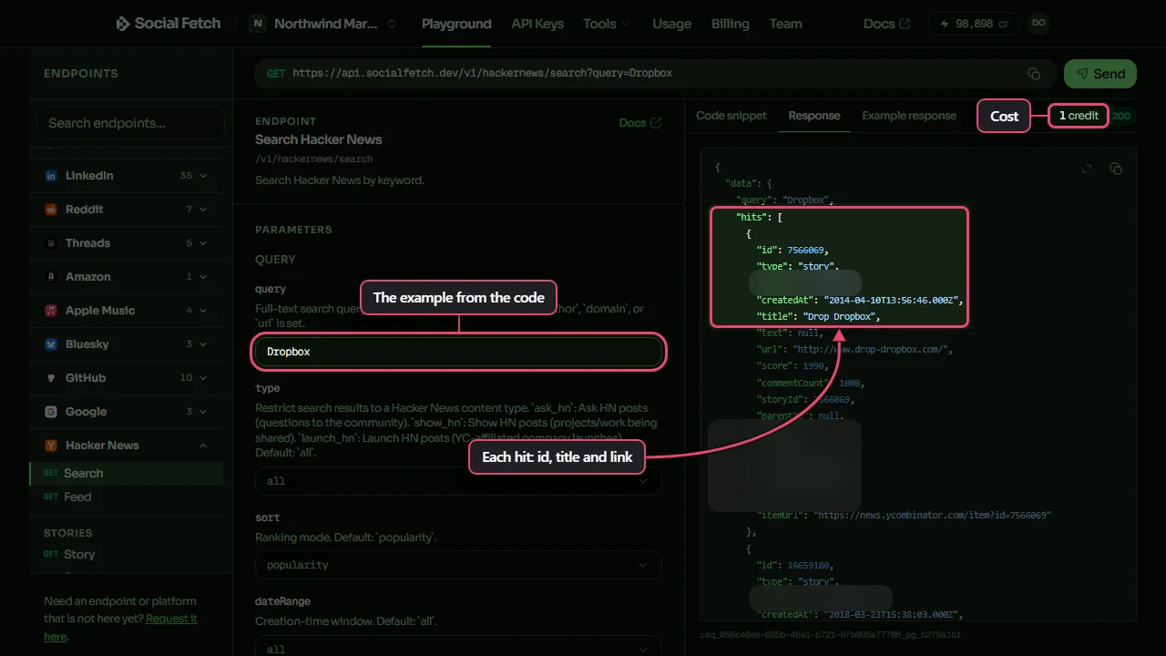 The Social Fetch Playground showing a real response from GET /v1/hackernews/search with the query Dropbox. The query field and the first hit in the response are labelled; author names are blurred.