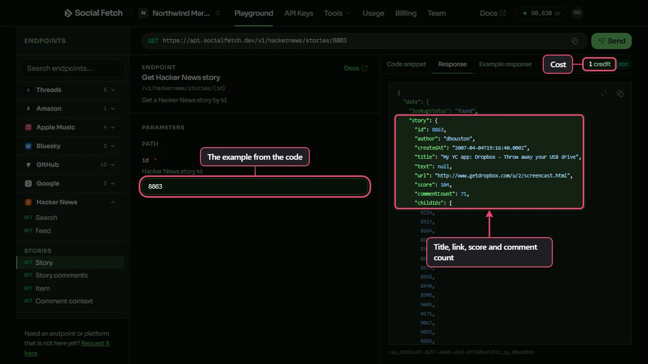 The Social Fetch Playground showing a real response from GET /v1/hackernews/stories/{id} with the id 8863, the Dropbox launch post. The id field and the story block of the response are labelled.