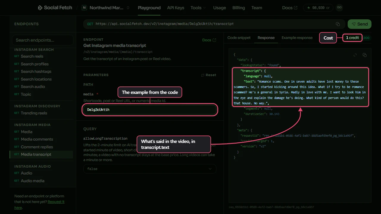 The Social Fetch Playground running GET /v2/instagram/media/{media}/transcript for a public National Geographic reel, shortcode Delg3cUktih. The media field, the transcript block of the response and the 1 credit charge are labelled.